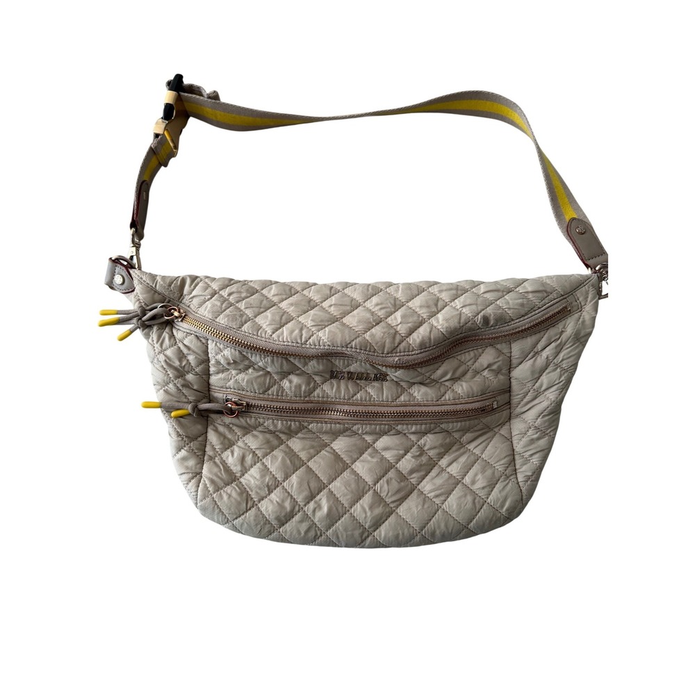 MZ Wallace Metro Belt Bag Quilted Nylon Fanny Pack Gray Yellow Flawed